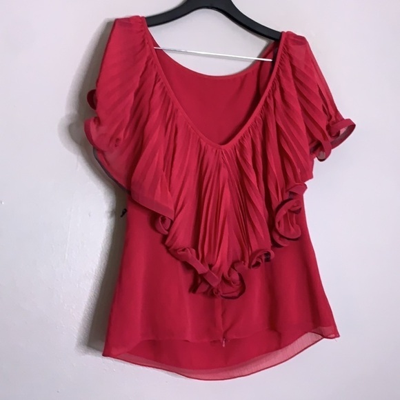 Badgley Mischka Tops - BADGLEY MISCHKA ruffle pink rear V Blouse retro overlay women’s medium blouse